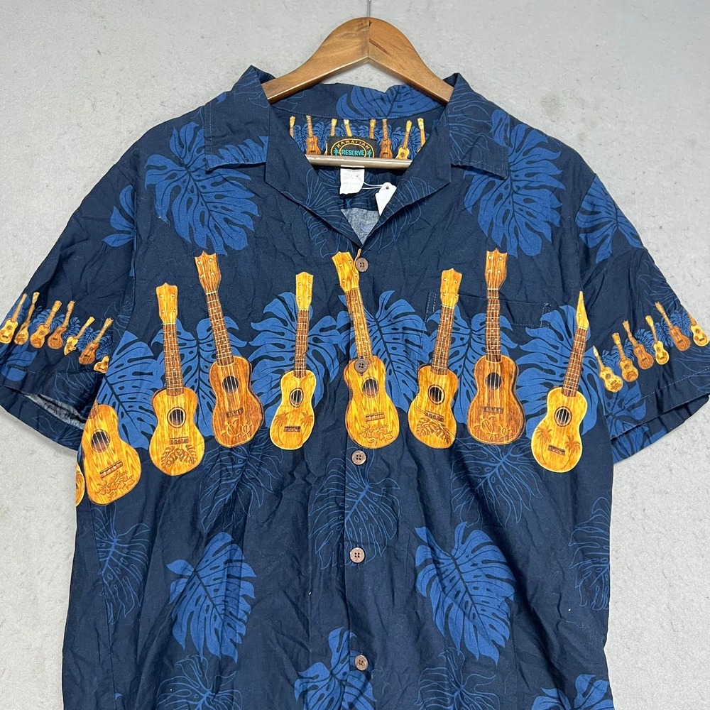 Vintage Hawaiian Ukulele Monstera Shirt Mens Large Navy Blue Reserve Collection
